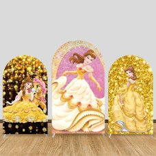 JY210 Belle Princess Gold Glitter Getting Ready to Shine Arch Backdrop Cover Elastic Fabric Girls Birthday Party Decoration