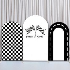 JY213 Race Car Fast One Checkerboard Arch Backdrop Cover Elastic Fabric 1st Birthday Party Decoration