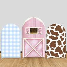 JY215 Watercolor Pink Farm Barn Cow Print Arch Backdrop Cover Elastic Fabric Farm Themed Birthday Party Decoration