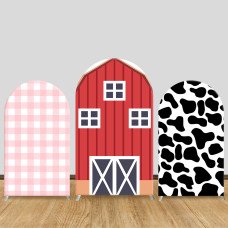JY215 Red Farm Barn Pink Checkerboard Cow Print Arch Backdrop Cover Elastic Fabric Farm Themed Birthday Decoration