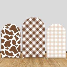 JY215 Brown Cow Print Checkerboard Arch Backdrop Cover Elastic Fabric Farm Themed Birthday Decoration