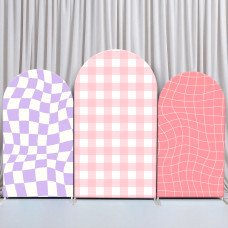 JY225 Purple/Pink Wavy Checkerboard Arch Backdrop Cover Elastic Fabric Modern Birthday Party Decoration