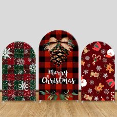 JY227 Red Black Plaid Pinecone Merry Christmas Arch Backdrop Cover Elastic Fabric Christmas Party Decoration
