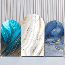 JY229 Blue White Gold Marble Arch Backdrop Cover Elastic Fabric Wedding Birthday Decoration