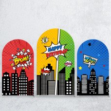 JY247 Comic Book Happy Birthday Arch Backdrop Cover, Elastic Fabric Arch Backdrop for Superhero Themed Party, Wedding, Photo Booth Decor