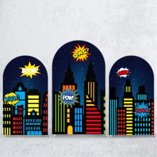 JY263 Comic Book City Arch Backdrop Cover, Boom Pow Superhero Elastic Fabric Arch Backdrop for Superhero Themed Party, Birthday, Photo Booth Decor