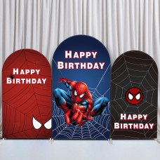 JY264 Spider-Man Happy Birthday Web Arch Backdrop Cover, Elastic Fabric Arch Backdrop for Kids Boys Superhero Birthday Party, Photo Booth Decor