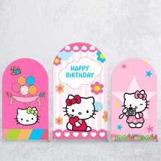 JY273   Hello Kitty Happy Birthday Arch Backdrop Cover, Cute Elastic Fabric Arch Backdrop for Girls Birthday Party, Baby Shower, Photo Booth Decor