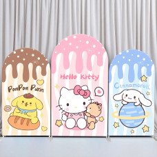 JY274   Sanrio Characters Hello Kitty Pom Pom Purin Cinnamoroll Arch Backdrop Cover, Elastic Fabric Arch Backdrop for Kids Party, Photo Booth Decor