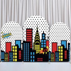 JY279  Comic Book Superhero City Arch Backdrop Cover, Elastic Fabric Arch Backdrop for Birthday Party, Wedding, Photo Booth Background Decoration