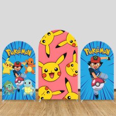 JY286  Pokemon Pikachu Ash Arch Backdrop Cover, Elastic Fabric Arch Backdrop for Kids Birthday Party, Photo Booth Decoration