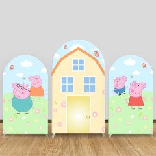 JY293 Peppa Pig Family Arch Backdrop Cover, Elastic Fabric Arch Backdrop for Kids Birthday Party, Photo Booth Decoration