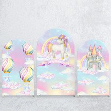 JY327 Unicorn Rainbow Castle Happy Birthday Arch Backdrop Cover Elastic Fabric Girls Birthday Party Decoration