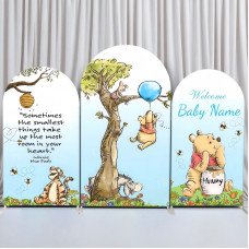 JY341 Blue Winnie the Pooh Custom Quote Arch Backdrop Cover, Cute Elastic Fabric Backdrop for Kids Birthday Baby Shower Decor