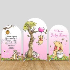 JY341 Pink Winnie the Pooh Custom Quote Arch Backdrop Cover, Cute Elastic Fabric Backdrop for Kids Birthday Baby Shower Decor