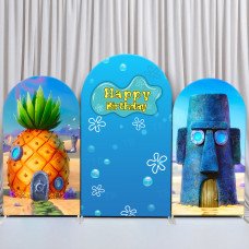JY347 SpongeBob SquarePants Pineapple House Squidward Home Happy Birthday Arch Backdrop Cover Elastic Fabric Cartoon Kids Birthday Party Decoration