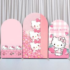 JY352 Pink Flower Strawberry Hello Kitty Arch Backdrop Cover Elastic Fabric Girls Birthday Party Decoration