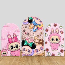 JY359 Labubu Minnie Mouse Collab Pink All Over Print Arch Backdrop Cover Elastic Fabric Girls Birthday Baby Shower Decoration