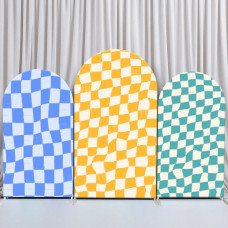 JY367 Blue/Yellow/Green Wavy Checkerboard Arch Backdrop Cover Elastic Fabric Modern Birthday Party Decoration
