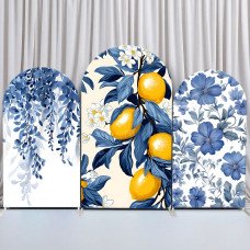 JY373 Blue Flower Lemon Sicilian Style Arch Backdrop Cover Elastic Fabric Summer Birthday Party Decoration