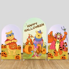 JY376 Halloween Winnie the Pooh Pumpkin Arch Backdrop Cover, Cartoon Elastic Fabric Backdrop for Kids Halloween Party Decor