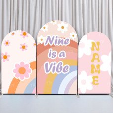 JY384 Rainbow Flower Nine is a Vibe 9th Birthday Arch Backdrop Cover Elastic Fabric Kids Birthday Party Decoration