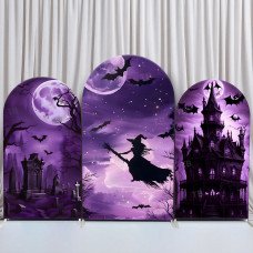 JY395 Purple Halloween Witch Castle Moonlit Arch Backdrop Cover Elastic Fabric Holiday Party Decoration