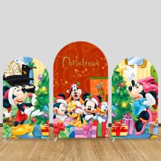 JY406 Christmas Mickey and Friends Arch Backdrop Cover, Elastic Fabric Arch Stand Cover for Wedding Baby Shower Party, Cartoon Christmas Tree Photo Backdrop for Holiday Photography Decor