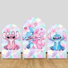 JY414 Stitch and Angel Arch Backdrop Cover, Elastic Fabric Arch Backdrop Stand Cover for Wedding Holiday Party, Cute Cartoon Floral Heart Photo Backdrop for Birthday Photography Decor