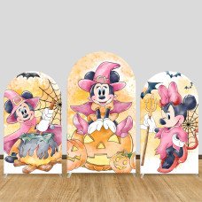 JY415 Halloween Minnie Mouse Arch Backdrop Cover Set, Elastic Fabric Arch Stand Cover for Spooky Party, Witch Pumpkin Spider Web Photo Booth Backdrop for Wedding Event Decor