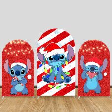 JY416 Merry Christmas Stitch Arch Backdrop Cover, Elastic Fabric Arch Backdrop Stand Cover for Winter Holiday Party, Cartoon Santa Hat Light String Photo Backdrop for Event Photography