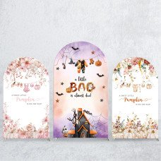 JY417 Halloween Baby Shower Arch Backdrop Cover Set, Elastic Fabric Arch Stand Cover for 'A Little Boo is Almost Due' Party, Pink Floral Pumpkin Photo Booth Backdrop for Event Decor