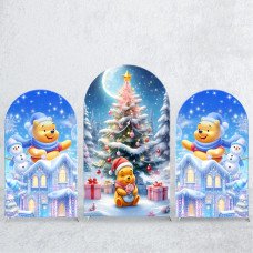 JY427 Merry Christmas Winnie the Pooh Arched Background Cloth, Elastic Fabric Arched Bracket Background Cover, Suitable for Winter Festival Parties, Winnie the Pooh Cartoon Christmas Hat Photography Background Cloth, Event Photography Decoration