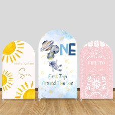 JY434 First Trip Around the Sun Arch Backdrop Cover Set, Elastic Fabric Arch Stand Cover for 1st Birthday Party, Space Astronaut Sun Photo Booth Backdrop for Baby Shower Decor