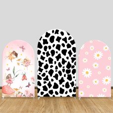 JY434 Fairy Cow Print Arch Backdrop Cover, Elastic Fabric Arch Backdrop Stand Cover for Wedding Birthday Party, Pink Daisy Flower Photo Backdrop for Baby Shower Event Decor