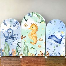 JY436 Watercolor Under The Sea Arch Backdrop Cover Set, Elastic Fabric Arch Stand Cover for Ocean Themed Party, Octopus Seahorse Whale Photo Booth Backdrop for Baby Shower