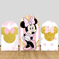 JY443  Minnie Mouse Arch Backdrop Cover Set, Elastic Fabric Arch Stand Cover for Baby Shower Birthday Party, Pink Gold Glitter Bow Photo Booth Backdrop for Wedding Event Decor