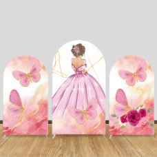 JY444  Pink Gold Butterfly Arch Backdrop Cover, Elastic Fabric Arch Backdrop Stand Cover for Wedding Bridal Shower, Elegant Lady Rose Photo Backdrop for Birthday Party Decor