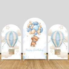 JY451  Happy Birthday Teddy Bear Arch Backdrop Cover Set, Elastic Fabric Arch Stand Cover for Baby Shower 1st Birthday, Blue Hot Air Balloon Photo Booth Backdrop for Party Decor