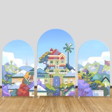 JY452  Cartoon Crayon Shin-chan House Arch Backdrop Cover, Elastic Fabric Arch Backdrop Stand Cover for Kids Birthday Party, Anime Town Photo Backdrop for Event Decor
