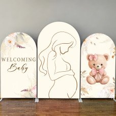 JY455 Welcoming Baby Arch Backdrop Cover Set, Elastic Fabric Arch Stand Cover for Baby Shower Maternity, Pregnant Mom Line Art Teddy Bear Photo Booth Backdrop for Party Decor