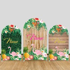 JY458 Tropical Flamingo Arch Backdrop Cover, Elastic Fabric Arch Backdrop Stand Cover for Summer Luau Party, Custom Name Bamboo Wood Photo Backdrop for Wedding Decor