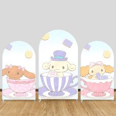 JY459 Hand-Drawn Tea Cup Cinnamoroll & Friends Arch Backdrop Cover, Elastic Fabric Background for Kids & Cute Themed Party