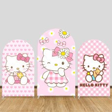 JY463 Daisy Plaid Hello Kitty Arch Backdrop Cover, Elastic Fabric Background for Kids & Sweet Themed Party