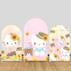 JY465 Sunflower & Bear Hello Kitty Arch Backdrop Cover, Elastic Fabric Background for Kids & Warm Themed Party