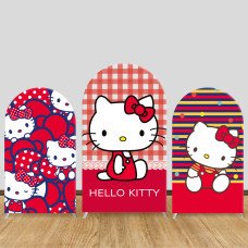 JY467 Classic Red Plaid Hello Kitty Arch Backdrop Cover, Elastic Fabric Background for Kids & Retro Themed Party