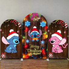 JY476 Rustic Wood Christmas Stitch & Angel Arch Backdrop Cover, Elastic Fabric Background for Kids & Holiday Themed Party