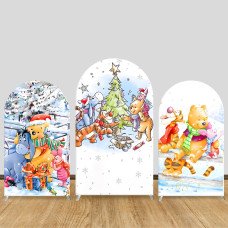 JY483 Winter Christmas Themed Winnie the Pooh Arch Backdrop Cover, Elastic Fabric Arch Background for Christmas Holiday Cartoon Theme Party Decor