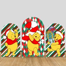 JY484 Winnie the Pooh Christmas Stripe Arch Backdrop Cover, Elastic Fabric Arch Background for Christmas Holiday & Cartoon Themed Party Decoration