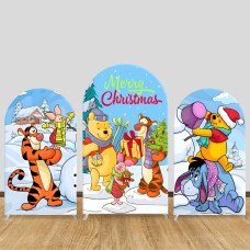 JY487 Winnie the Pooh & Tigger Winter Christmas Themed Arch Backdrop Cover, Elastic Fabric Arch Background for Christmas Holiday and Cartoon Themed Party Decoration
